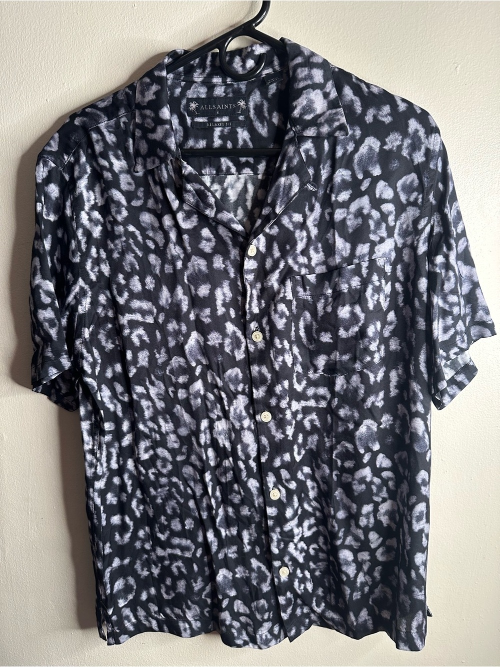 All Saints Black and Gray Leopard Print Short Sleeve Button-Up